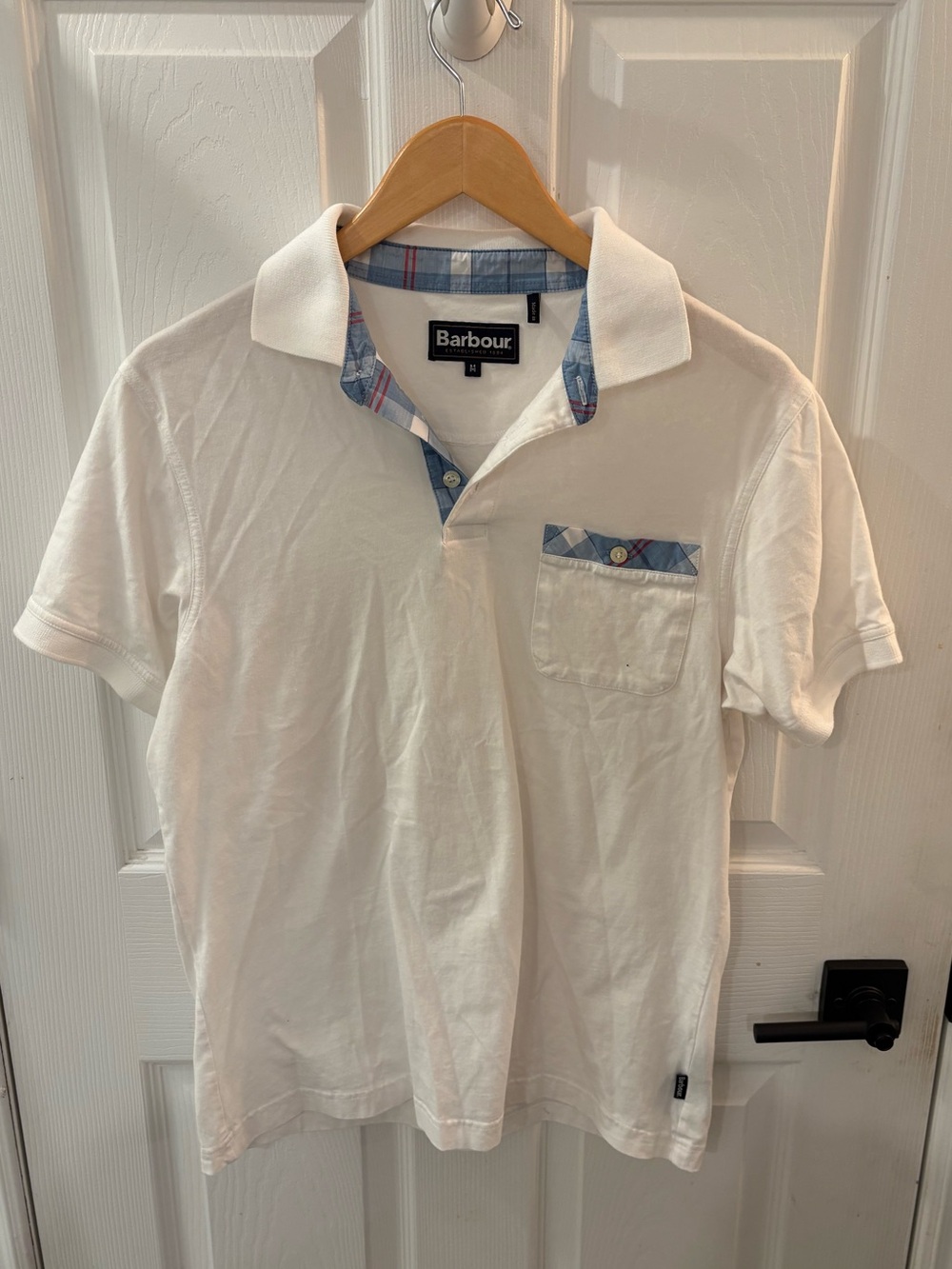 Barbour White Polo with Blue Plaid Trim